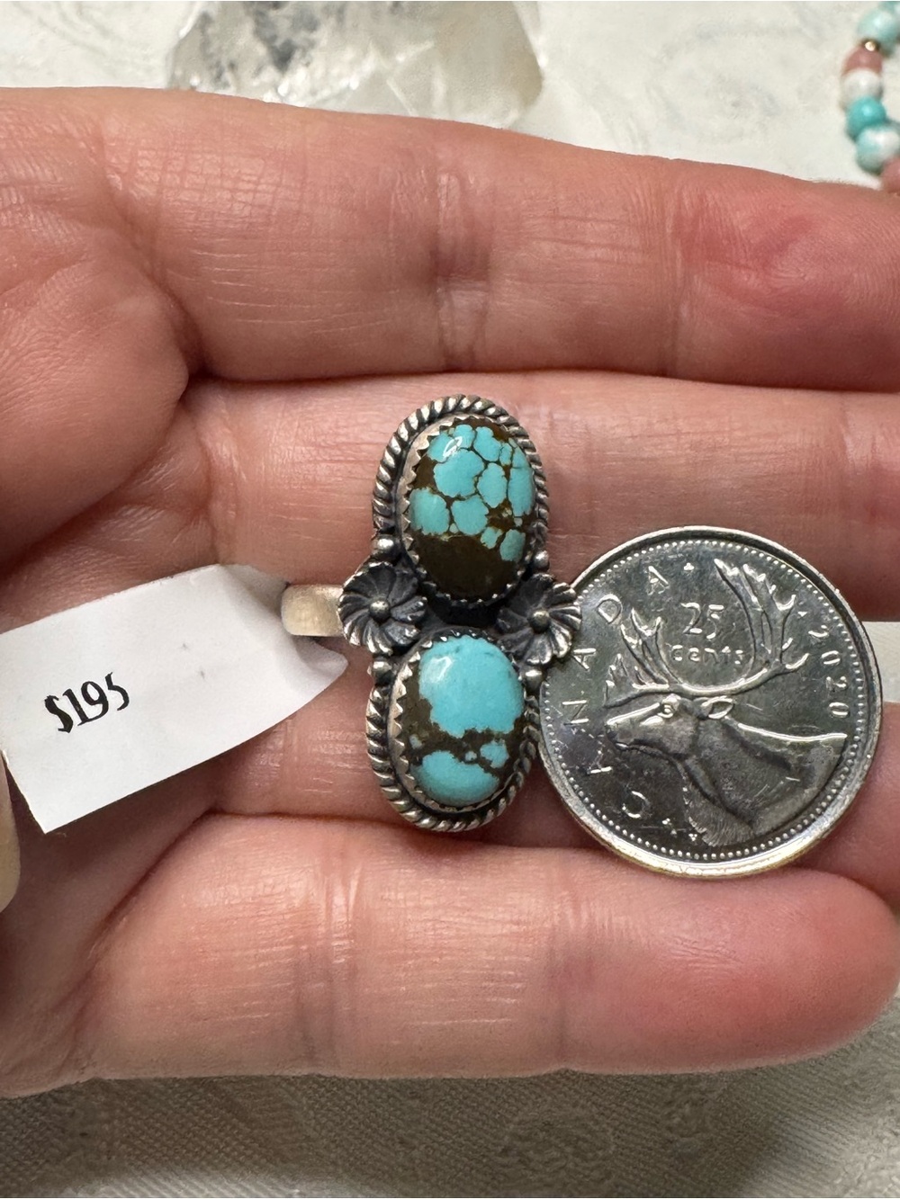 Number 8 Turquoise Double Stone Floral Sterling Silver Ring - Southwestern - Picture 4 of 6